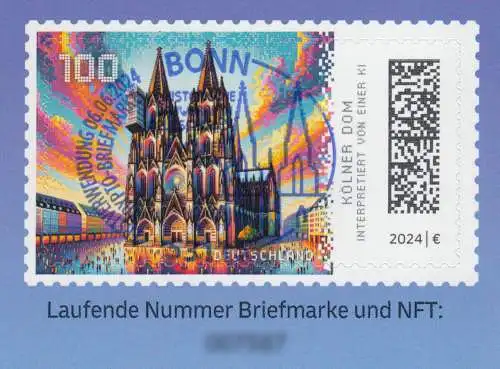 128c Markenheftchen BLAU mit 3836 Kölner Dom selbstklebend, EV-O BONN 6.6.24