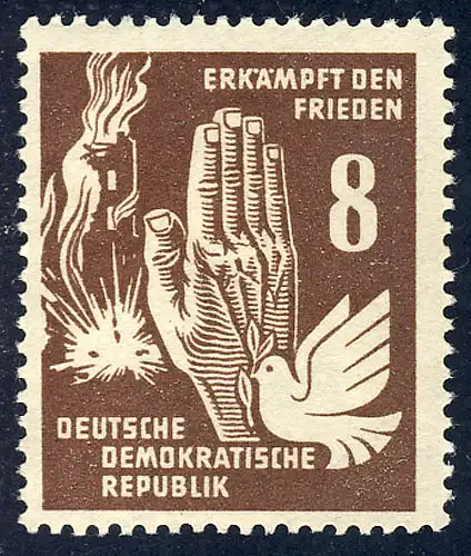 277 Frieden 8 Pf, Hand gegen Bomben, DÜNNES Papier, postfrisch **