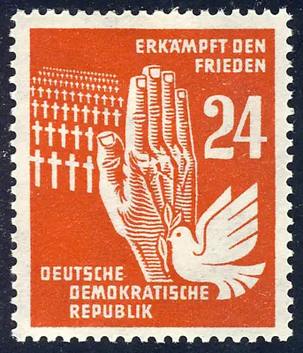 279 Frieden 24 Pf, Hand gegen Soldatenfriedhof, DÜNNES Papier, postfrisch **