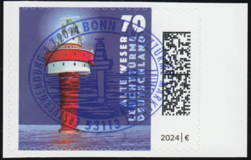 3842 - Leuchtturm Alte Weser, SELBSTKLEBEND aus FB 136, EV-O Bonn 4.7.24
