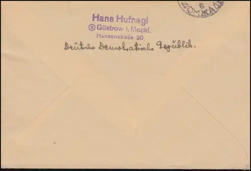 285 Deutsch-Polnische Freundschaft als EF auf Auslandbrief GÜSTROW 3.12.1951