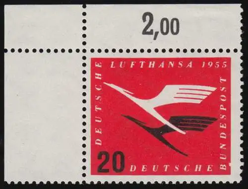 208Va II Lufthansa 20 Pf weiße Kerbe im Bildrand neben BU, Ecke oben links, **