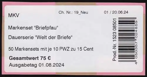 FB 137 Welt der Briefe Briefpfau 15 Cent, Folienblatt-BANDEROLE