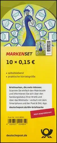 FB 137 Welt der Briefe Briefpfau 15 Cent, Folienblatt 10x3849, postfrisch **