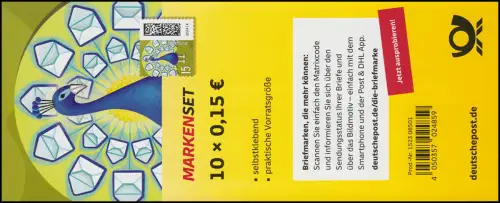 FB 137 Welt der Briefe Briefpfau 15 Cent, Folienblatt 10x3849, postfrisch **
