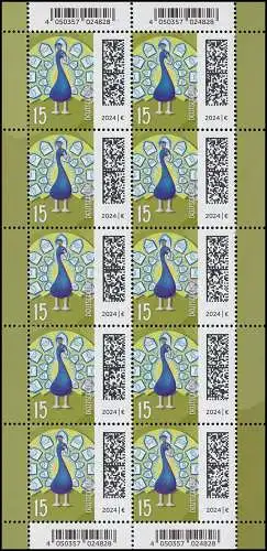 3843 Welt der Briefe Briefpfau 15 Cent - 10er-Bogen ** / MNH