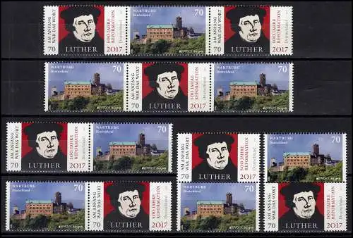 Zusammendruck-Set Luther / Wartburg (4 x 2er, 2 x 3er) UNGEFALTET, **