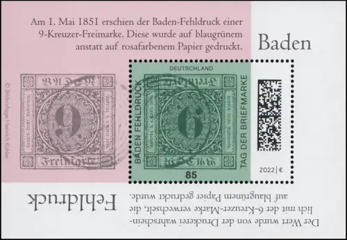 Bloc 90 Jour du timbre 2022 - Baden Erreur, frais de port **
