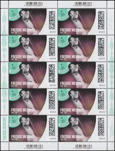 3851 Legenden Pop-/Rockmusik - Freddie Mercury, 10er-Bogen postfrisch ** / MNH