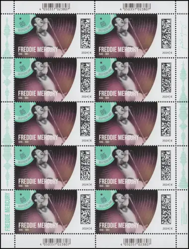 3851 Legenden Pop-/Rockmusik - Freddie Mercury, 10er-Bogen postfrisch ** / MNH