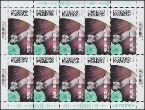 3851 Legenden Pop-/Rockmusik - Freddie Mercury, 10er-Bogen postfrisch ** / MNH