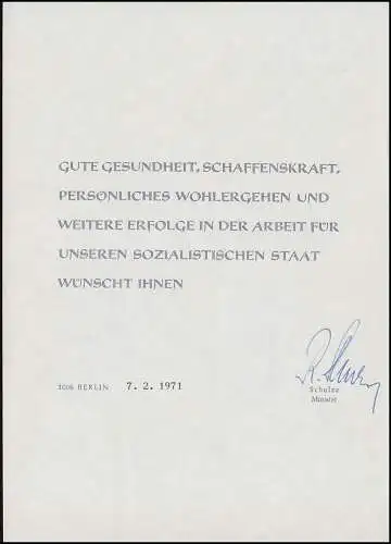 Minister-Faltkarte Kunstwoche und Engels, Beiblatt Glückwünsche 7.2.1971 Schulze