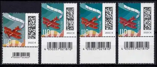 3671 Airpost 110 cent - 4 tirages partiels par marque avec n° + coderfeld, **