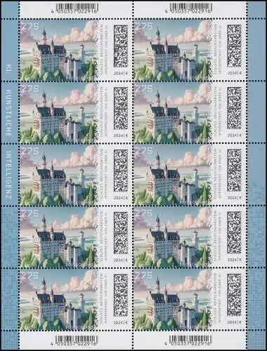 3855 - Schloss Neuschwanstein, Historische Bauwerke, 10er-Bogen, postfrisch **