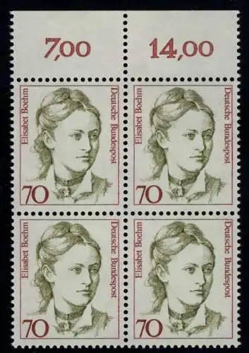 1489 Frauen Elisabet Boehm 70 Pf OR-Viererbl. ** postfrisch