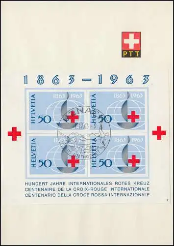 Schweiz Block 19 Nr. 2 Internationales Rotes Kreuz auf amtl. Gedenkblatt 1.4.63 