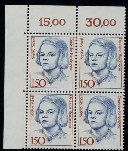 1497 Femmes Sophie Scholl 150 Pf Eck-Vbl. ol ** Postfraîchissement