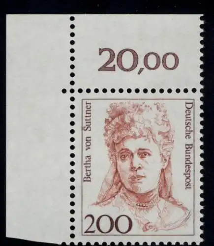 1498 Frauen Bertha von Suttner 200 Pf Ecke ol ** postfrisch