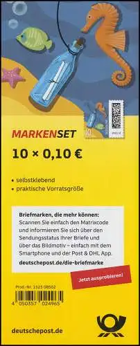 FB 138 Welt der Briefe Flaschenpost 10 Cent, Folienblatt 10x3866, postfrisch **