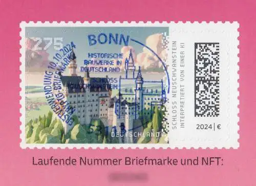 130d Markenheftchen PINK mit 3860 Schloss Neuschwanstein, EV-O BONN 10.10.24