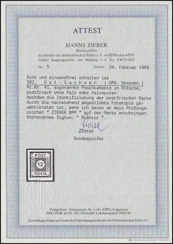 41 - BIb POTSCHTA, ** postfrische Marke, Ölfarbe, FA Zierer BPP einwandfrei