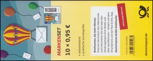 FB 142II Welt der Briefe Ballonpost 95 Cent, Folienblatt 10x3873II (ENS), **