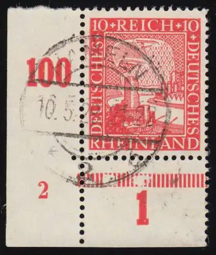 373 Rheinland 10 Pf. Bogenecke unten links mit FN 2, Vollstempel Hameln 10.5.29