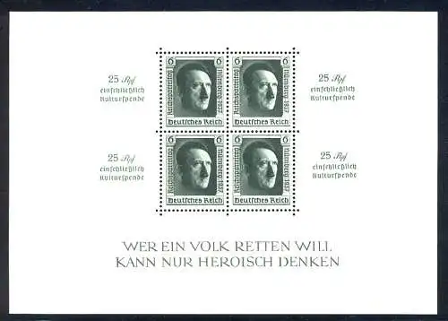 Block 11 Hitler mit Zudruck und Aufdruck Reichsparteitag 1937, **