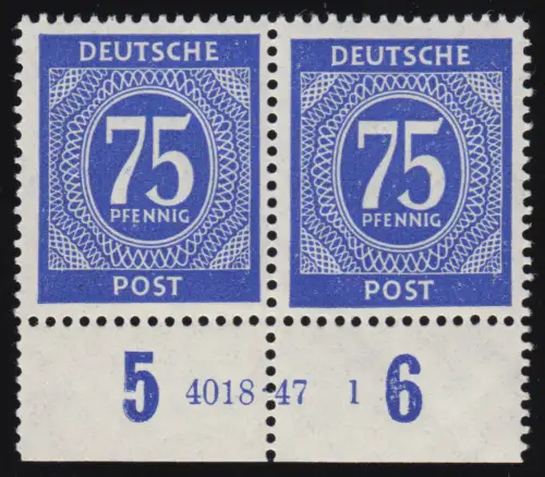 934 Ziffer 75 Pf als Unterrand-Paar mit HAN 4018.47 1, ungefaltet postfrisch **