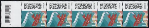 3671AII Luftpost 110 Cent, 5er-Streifen mit Codierfeld, 4. Auflage GELBE Fluo **