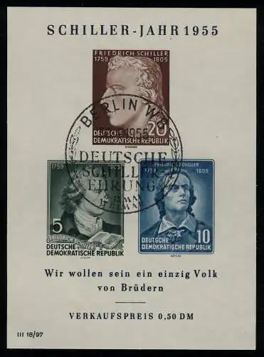 Block 12 X II Schiller, Ersttagssonderstempel Berlin