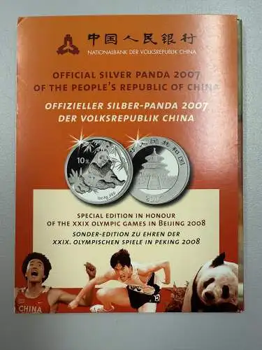 China Panda 10 yuan Silbermünze 2007 1oz Feinsilber .999 Sonderedition Olympia