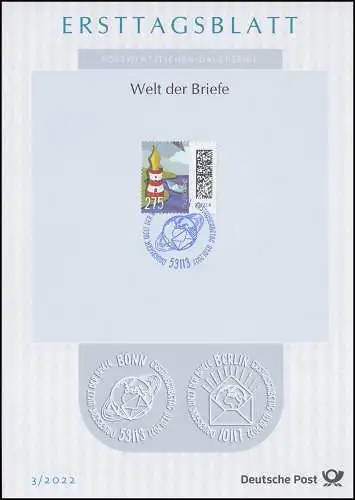 ETB 03/2022 Welt der Briefe 275 Cent, Leuchtfederstift