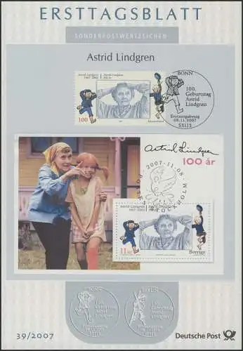 ETB 39/2007 Astrid Lindgren, Pipi Langstrumpf, Michel mit Schweden-Block