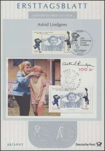 ETB 39/2007 Astrid Lindgren, Pipi Langstrumpf, Michel mit Schweden-Block