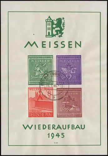 Meißen Block 1 Wiederaufbau echter, zentrischer Tagesstempel MEISSEN 17.1.46 p