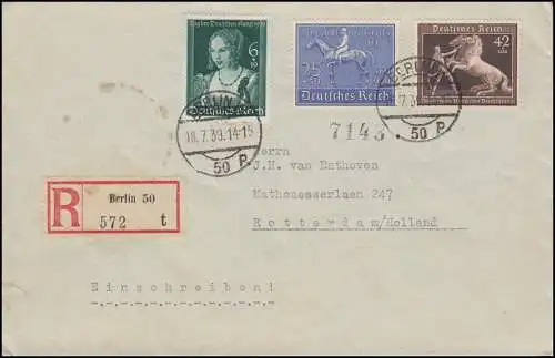 698 Derby + 699 Das Braune Band + 700 Kunst auf R-Brief BERLIN W 50 - 18.7.1939