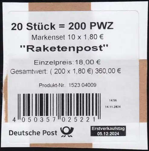 FB 143 Welt der Briefe Raketenpost 180 Cent, Folienblatt-BANDEROLE (GDL)