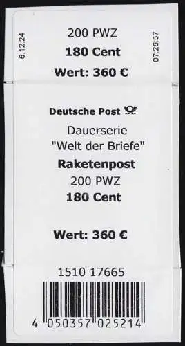 3870 Raketenpost 180 Cent - Banderole / Aufkleber BDB der 200er-Rolle