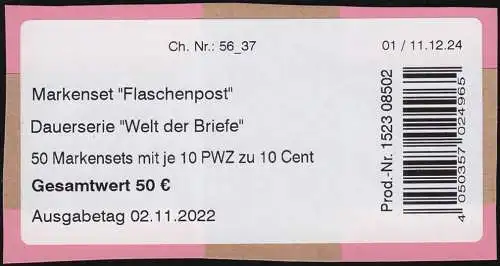 FB 138I Welt der Briefe Flaschenpost 10 C., Folienblatt-BANDEROLE (BDB)