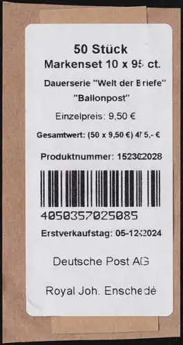 FB 142II Welt der Briefe Ballonpost 95 Cent, Folienblatt-BANDEROLE (ENS)