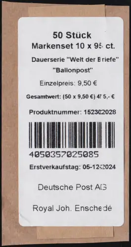 FB 142II Welt der Briefe Ballonpost 95 Cent, Folienblatt-BANDEROLE (ENS)