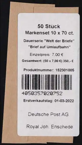 FB 119 Brief auf Umlaufbahn 70 Cent, Folienblatt-BANDEROLE, Enschede Type 3