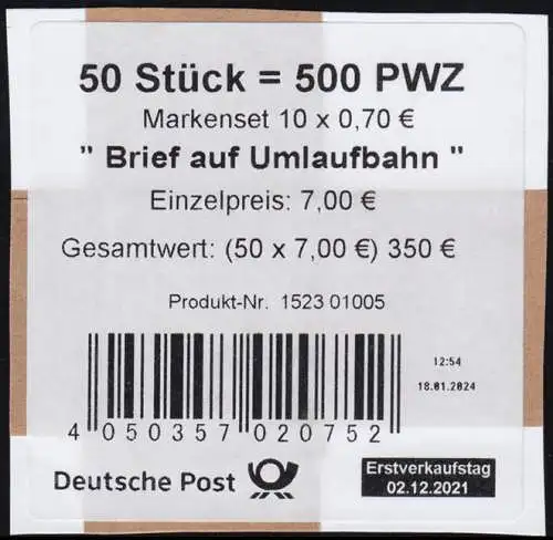 FB 119aIII Umlaufbahn 70 C., Folienblatt-BANDEROLE 1523 01005, Druckerei GDL