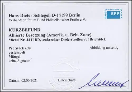 44II DD doppelter Netzaufdruck 24 Pf. Dreierstreifen Bfst., Befund Schlegel BPP