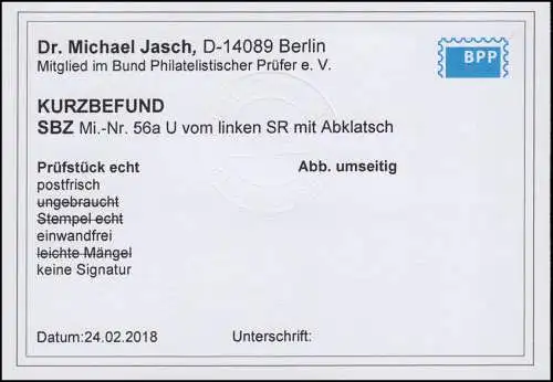 56a U Ziffern 3 Pf. ungezähnt ** postfrisch einwandfrei, Befund Dr. Jasch BPP 