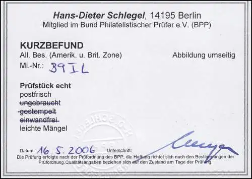 39I L 10 Pf Marke mit anhängendem Leerfeld unten, ** Befund Schlegel BPP