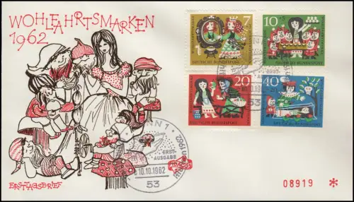 385-388 Wofa 1962 Schneewittchen Satz auf Schmuck-FDC ESSt BONN 10.10.62