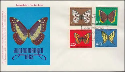 376-379 Jugend Schmetterlinge 1962 Satz auf Schmuck-FDC ESSt BONN 25.5.62