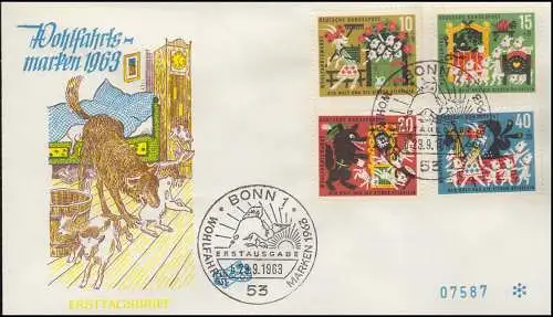 408-411 Der Wolf und die sieben Geißlein Satz auf Schmuck-FDC ESSt BONN 23.9.63